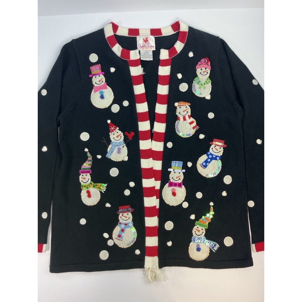 Vintage Women's Quacker Factory Christmas Snowman Cardigan Sweater Size Large